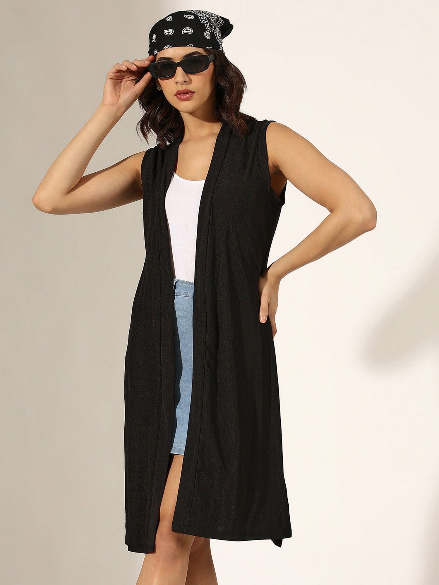 showoffff Black Nylon Solid/Plain Open Front Shrug-picture-18