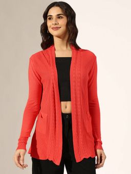 SHOWOFF - Coral Acrylic Self Design Open Front Shrug