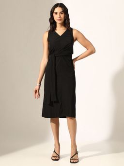 SHOWOFF - Women Black Cotton Blend Solid Midi Dress