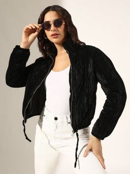 SHOWOFF - Black Velvet Solid/Plain High Neck Puffer Jacket