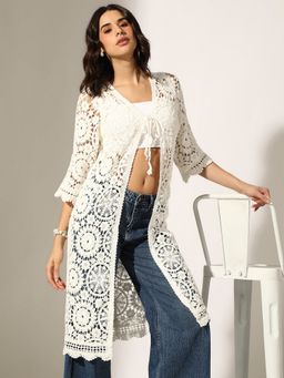 SHOWOFF - White Cotton Self Design Tie Up Neck Shrug