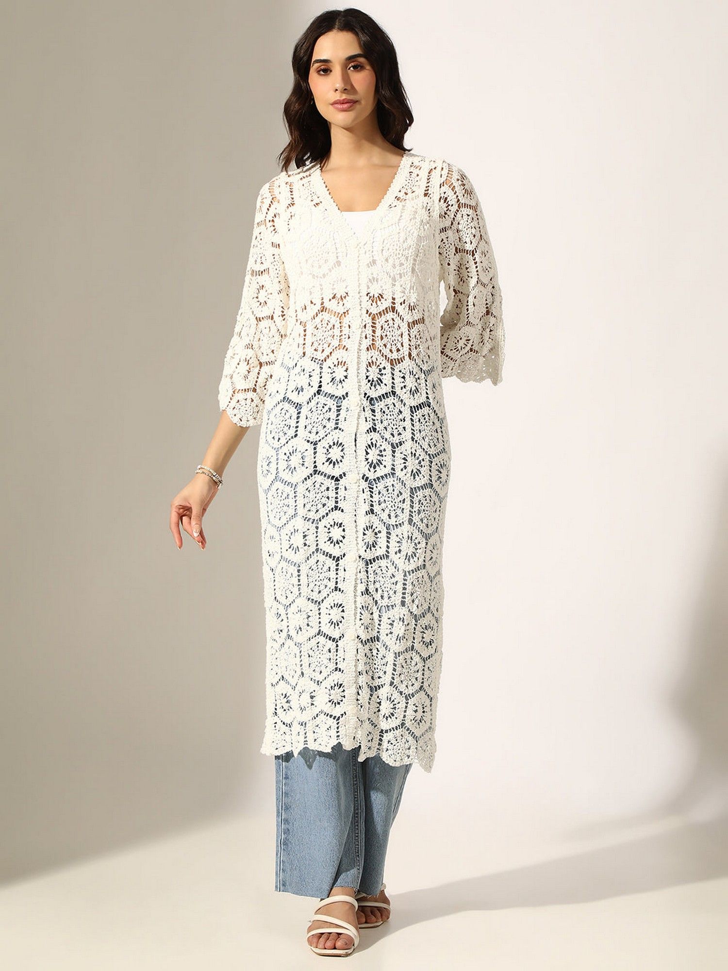 showoffff White Cotton Self Design Open Front Shrug-picture-25