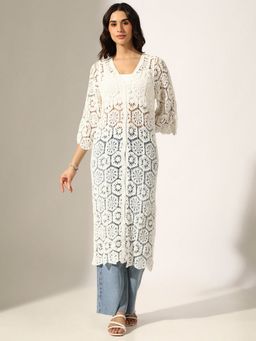 SHOWOFF - White Cotton Self Design Open Front Shrug