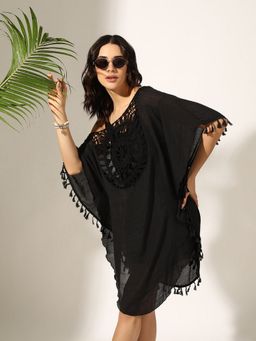 SHOWOFF - Women Black Cotton Blend Solid Mini Kaftan Dress