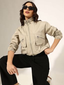 SHOWOFF - Beige Nylon Solid/Plain Bomber Jacket