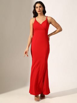 SHOWOFF - Women Red Nylon Solid Maxi Dress