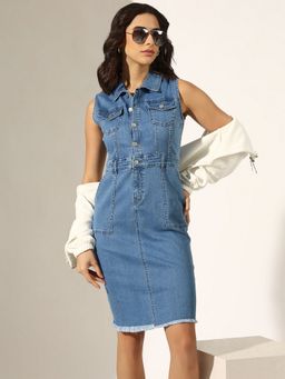 SHOWOFF - Women Blue Denim Solid Mini Dress
