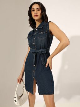 SHOWOFF - Women Blue Denim Solid Mini Dress with Belt