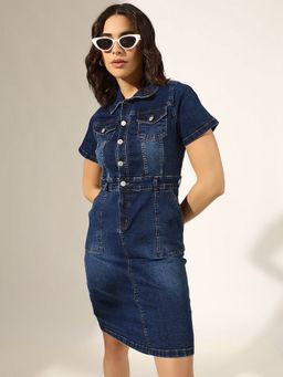SHOWOFF - Women Blue Denim Solid Mini Dress