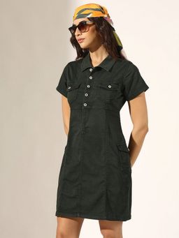 SHOWOFF - Women Olive Denim Solid Mini Dress