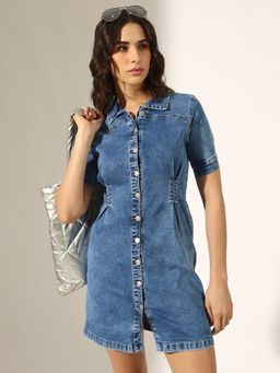 SHOWOFF - Women Blue Denim Solid Mini Dress