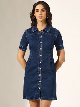 SHOWOFF - Women Blue Denim Solid Mini Dress