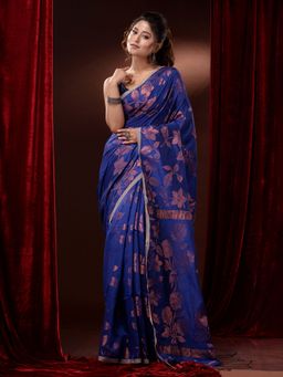 CHARUKRITI - Royal Blue Cotton Blend Handwoven Zari Woven Floral Designs Saree with Unstitched Blouse