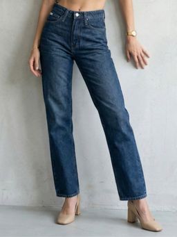 DELAN - Women Dark Blue Mid-Wash Straight Fit Denim Jeans