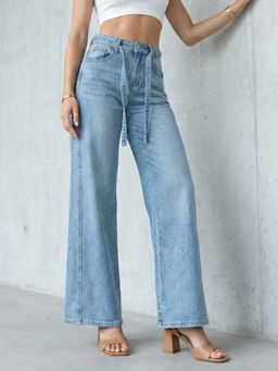 DELAN - Womens Light Blue Crystal Embellished Wide-Leg Denim Jeans