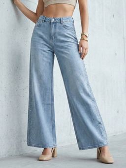 DELAN - Women Light Wash Rhinestone Wide Leg Jeans