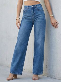 DELAN - Womens Mid Blue Crystal Embellished Wide-Leg Jeans