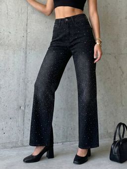 DELAN - Women Midnight Sparkle Wide-Leg Denim Jeans