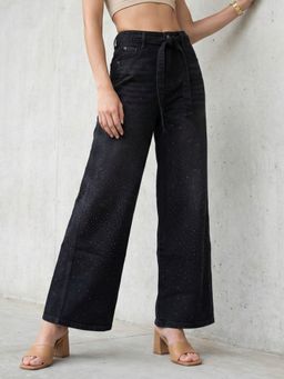 DELAN - Womens Black Crystal Embellished Wide-Leg Denim Jeans