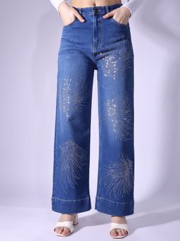 PURVAJA - Womens Straight Fit Full Length Flat-Front High Rise Jeans Blue