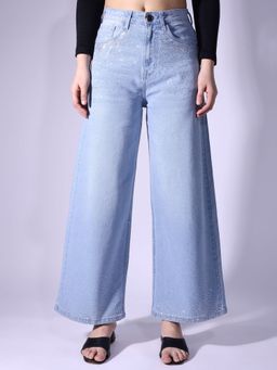 PURVAJA - Womens Wide Leg Full Length Flat-Front High Rise Jeans Blue