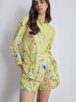 The Label Life - Lime Floral Print Pleated Shorts for Women