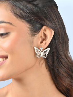 ToniQ - Gold Plated Butterfly and White Pearl Drop Earrings