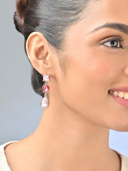 ToniQ - Pink and Red Stone Studded Drop Earrings