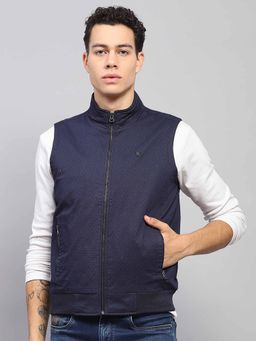 Monte Carlo - Mens Solid Navy Blue Mock Neck Sleeveless Jacket