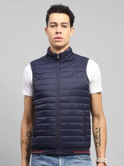 Monte Carlo - Mens Solid Navy Blue Mock Neck Sleeveless Jacket
