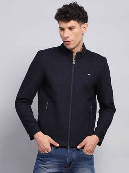 Monte Carlo - Mens Solid Navy Blue Mock Neck Full Sleeve Jacket