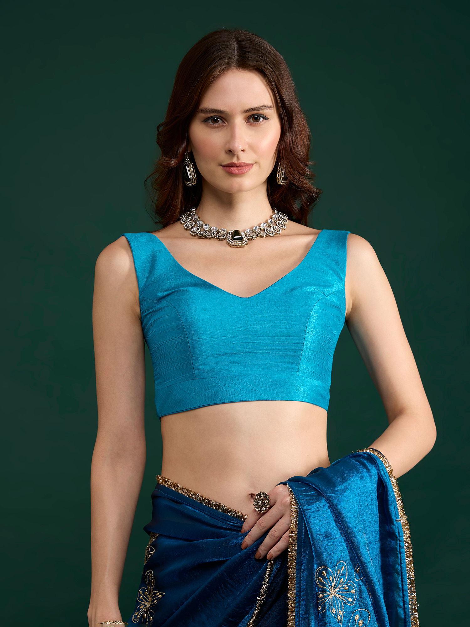 gajra gang Teal Wide V Neck Textured Slub Sleeveless Stitched Blouse Trousseau Tijori-picture-21
