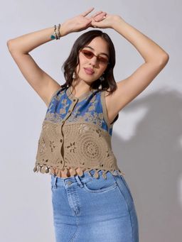 SHOWOFFFF - Women’s Brown Crochet Denim Panel Sleeveless Top