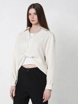SHOWOFFFF - Women's Checked Cream Oversized Top with Chain