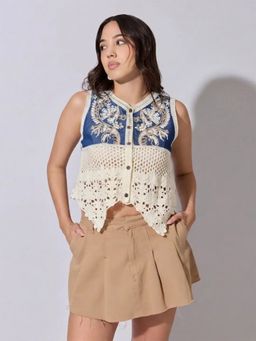 SHOWOFFFF - Women’s Cream Crochet Denim Panel Sleeveless Top