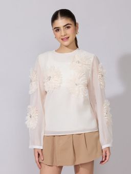 SHOWOFFFF - Women's Floral Applique Cream Top