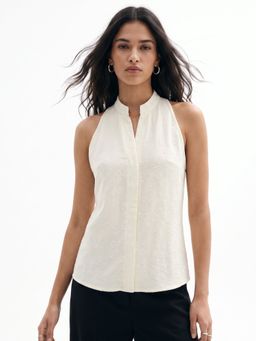 Outzidr - Off White Embroidered Front Closure Semi Sheer Top