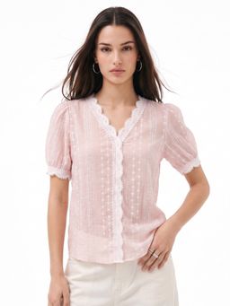 Outzidr - Pink Semi Sheer Lace Edge Top