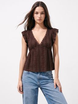 Outzidr - Brown Ruffle Sleeve Lace Detail Top