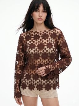 Outzidr - Brown Floral Lace Sheer Cover-Up Top