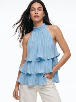Outzidr - Blue Rolled-Up Tiered Halter Neck Top