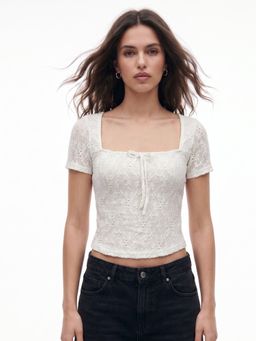 Outzidr - White Textured Fabric Square Neck Top