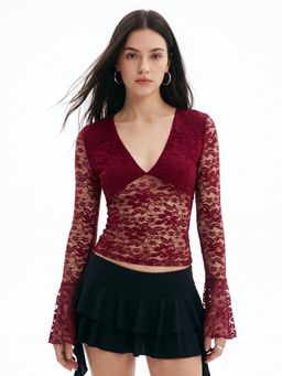 Outzidr - Maroon Bell Sleeve V Neck Lace Top