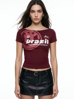 Outzidr - Maroon Off-Shoulder Raw Edge Printed T-Shirt