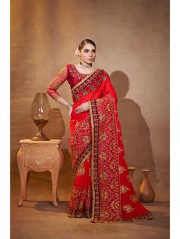 Kalista Fashion - Floral Embroidered Zari Saree With Unstiched Blouse