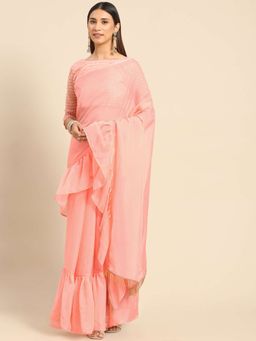 Kalista Fashion - Peach Organza Saree With Unstiched Blouse