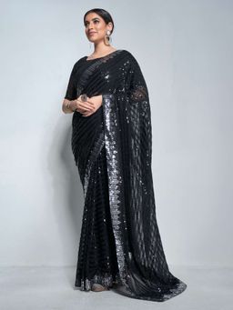 Kalista Fashion - Black Sequinned Pure Georgette Saree With Unstiched Blouse
