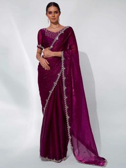 Kalista Fashion - Embellished Mirror Work Organza Saree With Unstiched Blouse