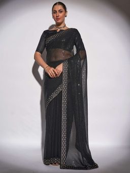 Kalista Fashion - Black Embellished Sequinned Georgette Saree With Unstiched Blouse