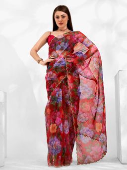 Kalista Fashion - Floral Printed Beads And Stones Organza Saree With Unstiched Blouse